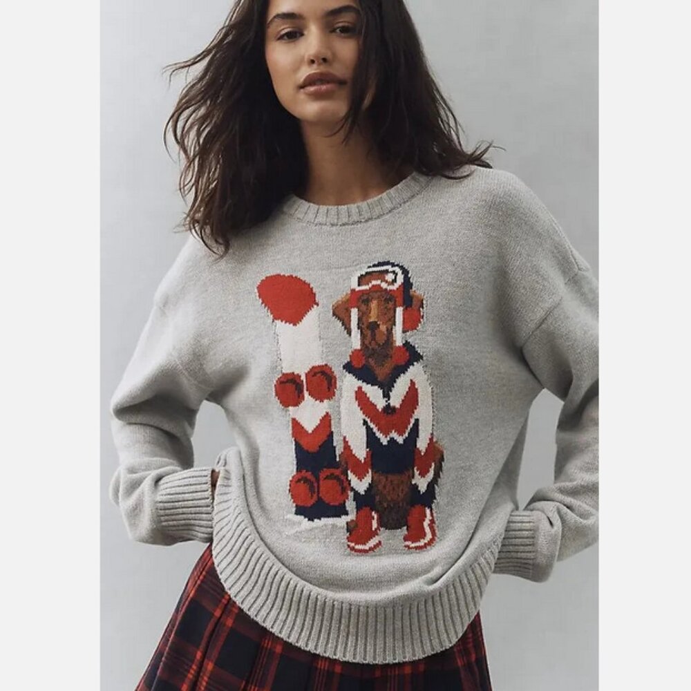 Anthropologie Porridge Jolene Pullover Sweater Snowboard Dog Ski Holiday 1X NWT